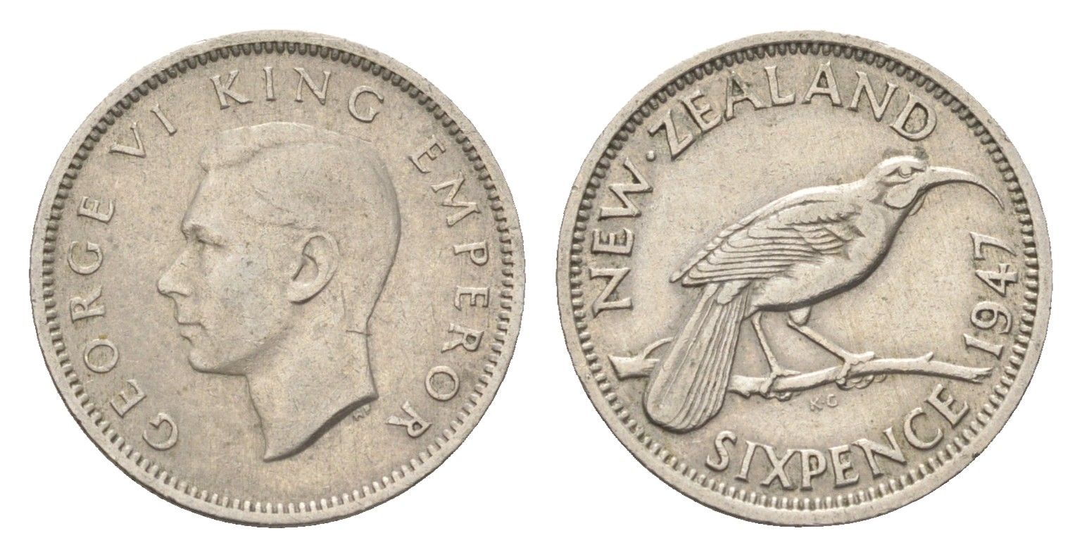 Новая Зеландия 6 пенсов 1947 Георг VI (1936-1952), год-тип KM 8a медно-никель 4659-945