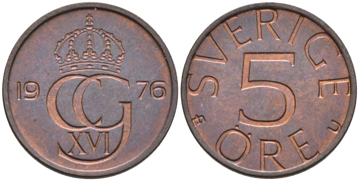 Швеция 5 эре 1976 Карл XVI Густав (1973- ) KM 849 бронза 4585-328