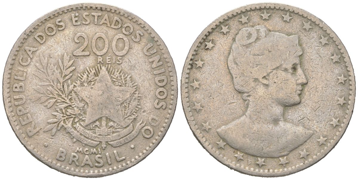 Бразилия 200 реалов 1901 MCMI, голова свободы вправо KM 504 медно-никель 4612-146