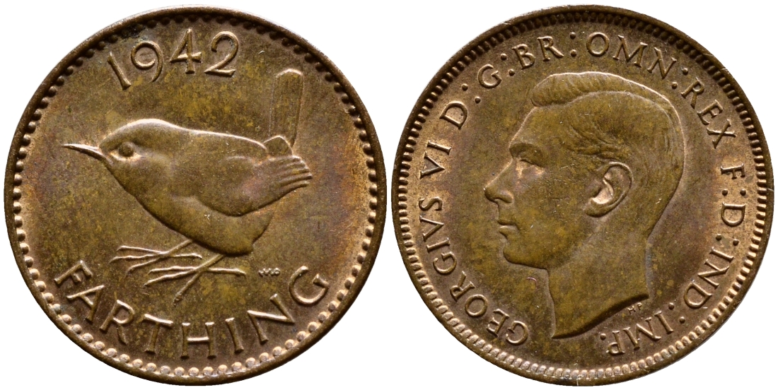 Великобритания 1 фартинг 1942 Георг VI (1936-1952) KM 843, Spink 4116 бронза UNC 08-534