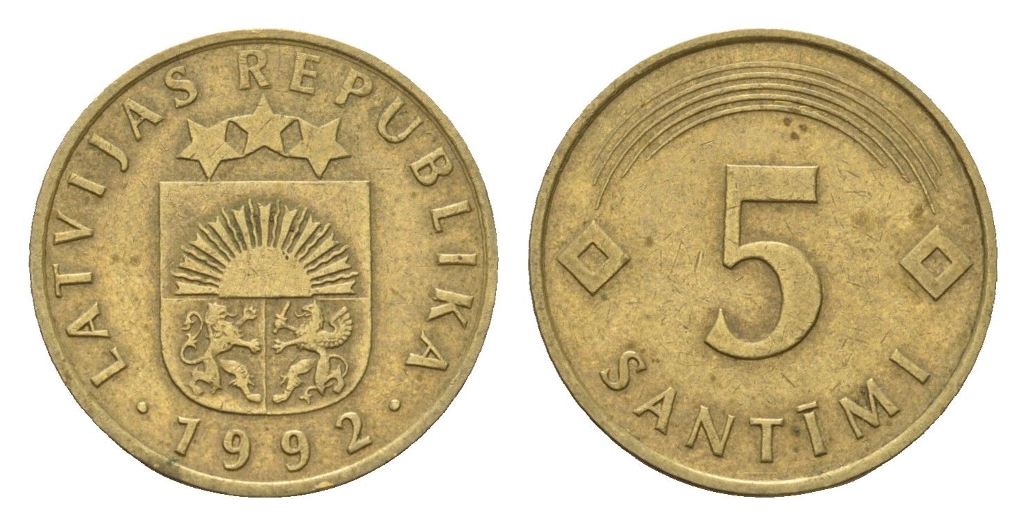 Латвия 5 сантимов 1992 KM 16 никель латунь 105-542