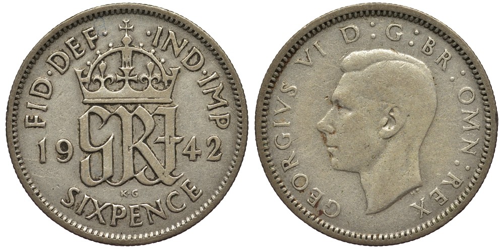 Великобритания 6 пенсов 1942 Георг VI (1936-1952) KM 852, Spink 4084 серебро 4538-455