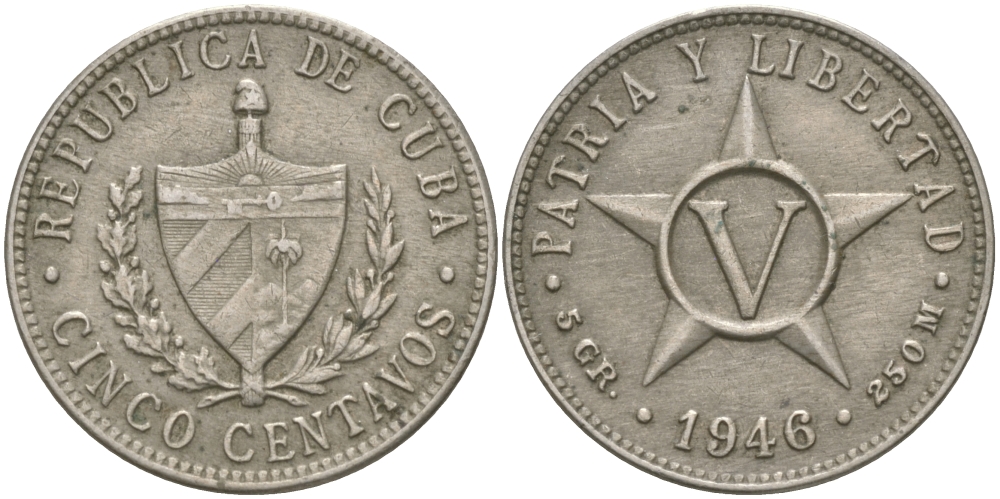 КУБА 5 СЕНТАВО 1946 ЗВЕЗДА, ПЕРВАЯ РЕСПУБЛИКА KM 11.3 медно-никель 98-735