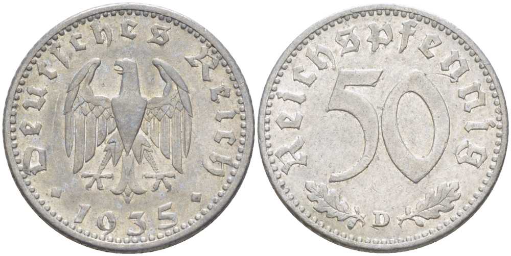 Германия 50 рейхспфеннигов 1935 D KM 87, J.368 алюминий 210-525