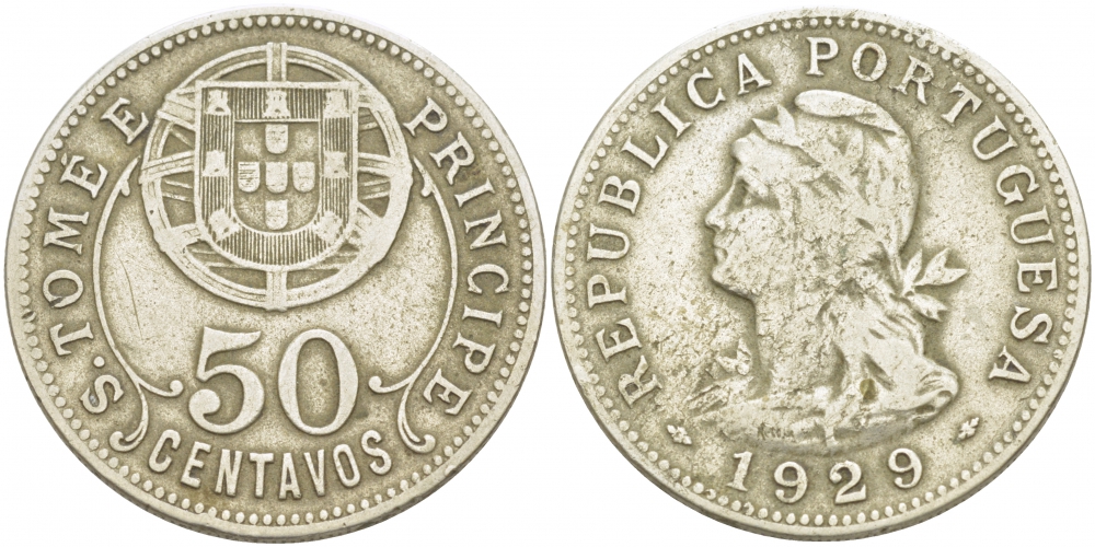 Португальское Сан-Томе и Принсипи 50 сентаво 1929 KM 1 никель бронза 413-2215