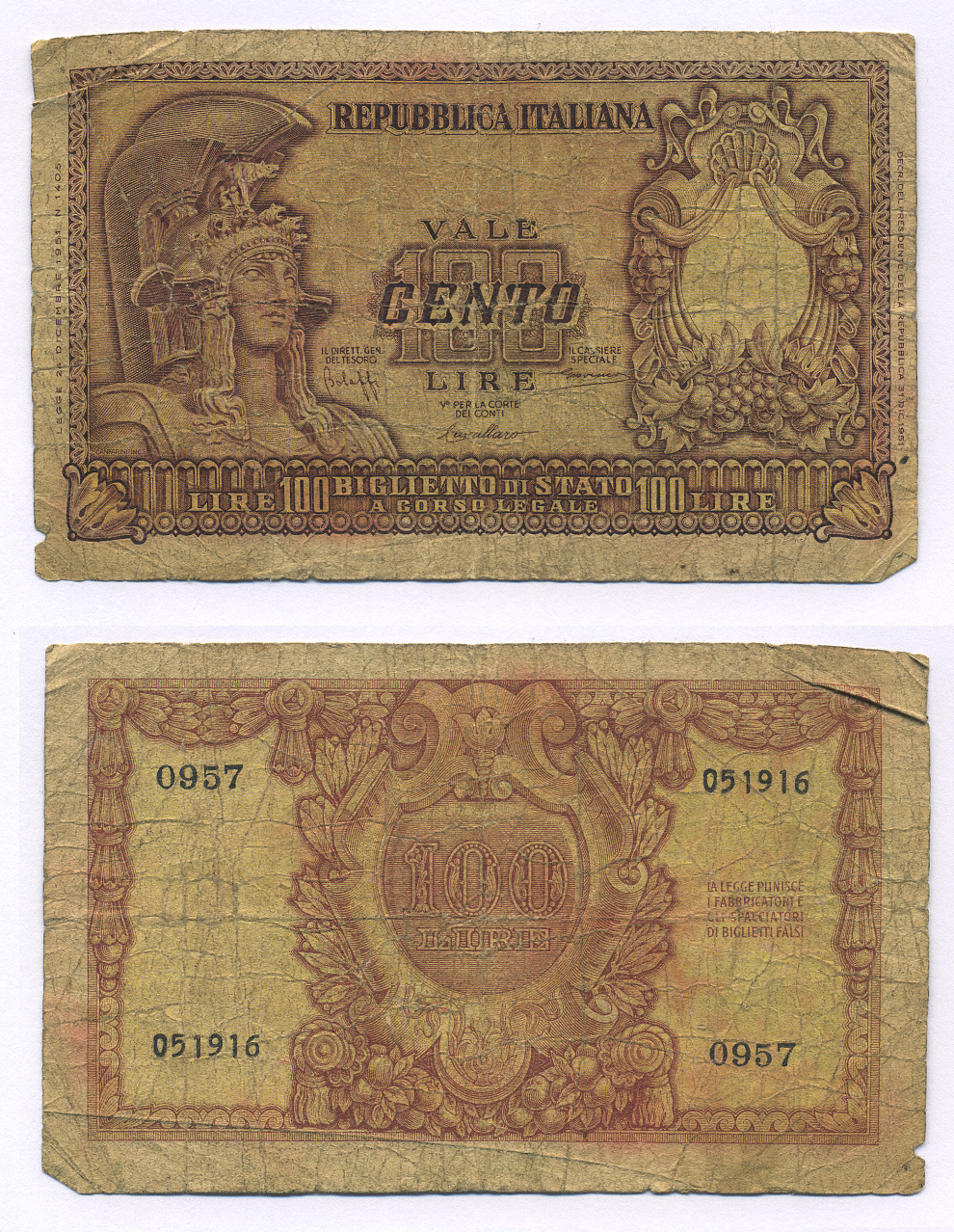 Италия 100 лир 1951 Афина в шлеме, Bolaffi, Cavallaro Pick 92 a бумага 7146-15-1-1