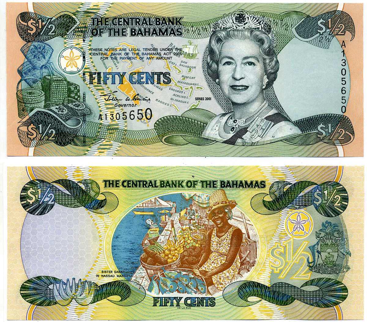 Багамские острова 50 центов (1/2 доллара) 2001 Елизавета II (1953- ) Pick 68 бумага UNC (пресс) 2197-12-1-2