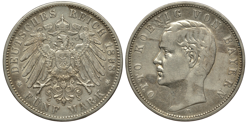 Бавария 5 марок 1898 D, Отто (1886-1913) Weege 47, J. 46, KM 512.1 серебро 413-4924