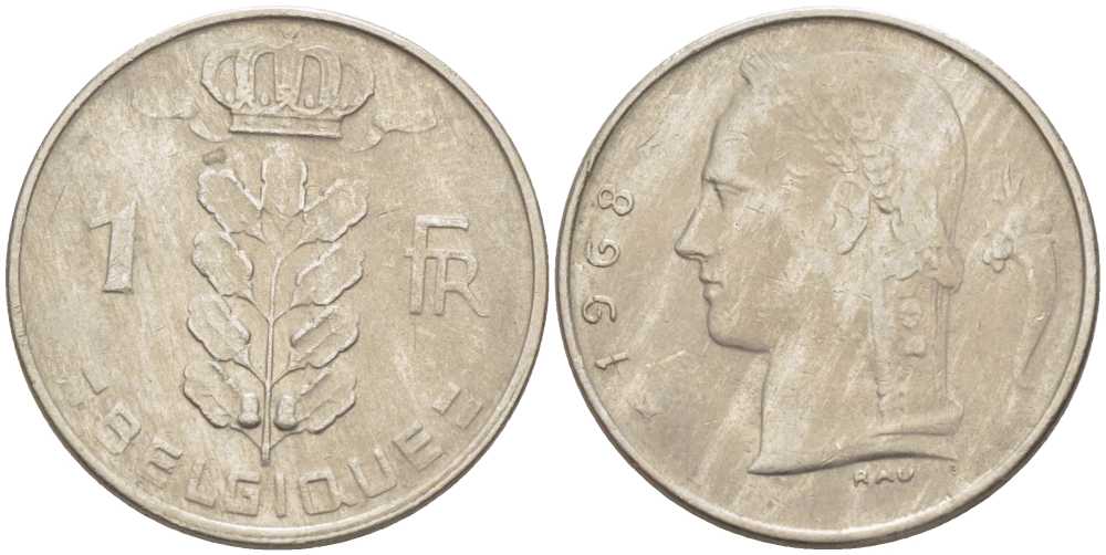 БЕЛЬГИЯ 1 ФРАНК 1968 BELGIQUE, БОДУЭН I (1951-1993) KM 142.1 медно-никель 213-523