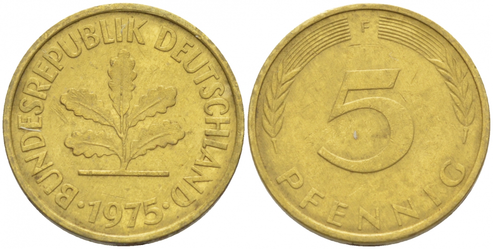 ФРГ 5 ПФЕННИГОВ 1975 F KM 107, J.382 сталь плакированная латунью 3996-1149