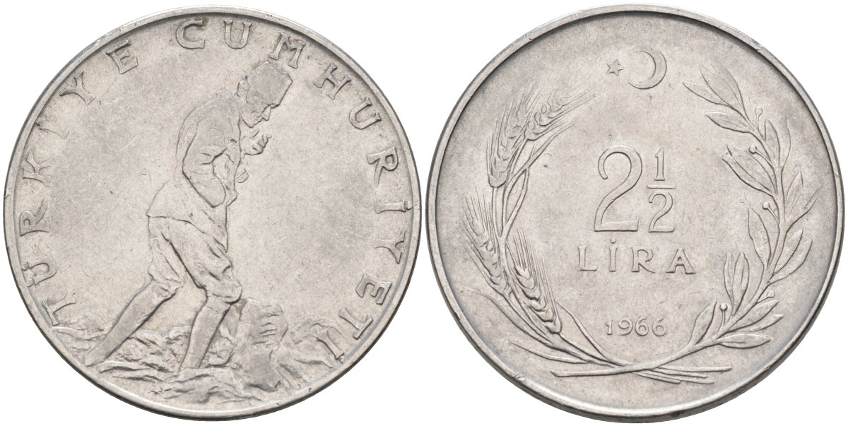 Турция 2 1/2 лиры 1966 KM 893.1 нержавеющая сталь 4574-1042