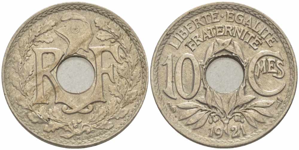Франция 10 сантимов 1921 тип Линдайё KM 866a, Le Franc 138.3 медно-никель 108-133
