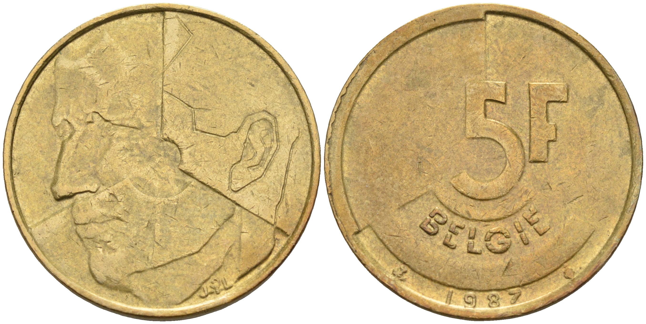 БЕЛЬГИЯ 5 ФРАНКОВ 1987 BELGIE KM 164 латунь или алюминиевая бронза 4589-816