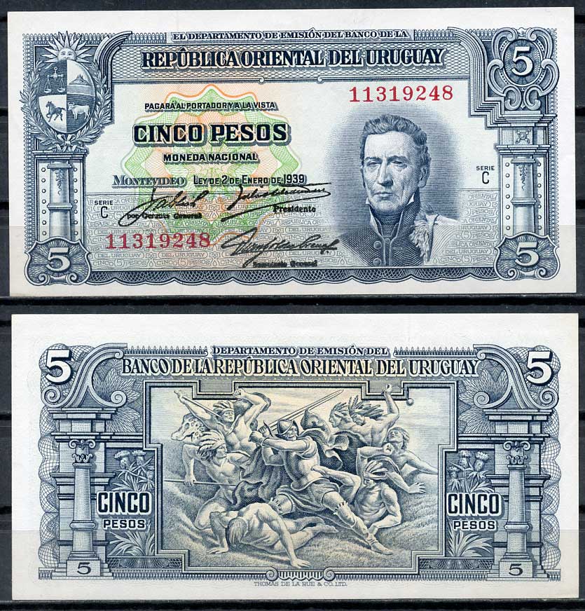 Уругвай 5 песо 1939 Хосе Хервасио Артигас, конкистадор, сражающийся с индейцами, серия С Pick 36 b (3)  бумага  aUNC 7217-73-2-1