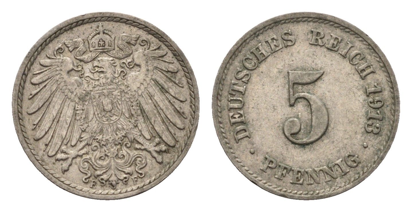 Германия 5 пфеннигов 1913 F KM 11, J. 12 медно-никель 4696-651
