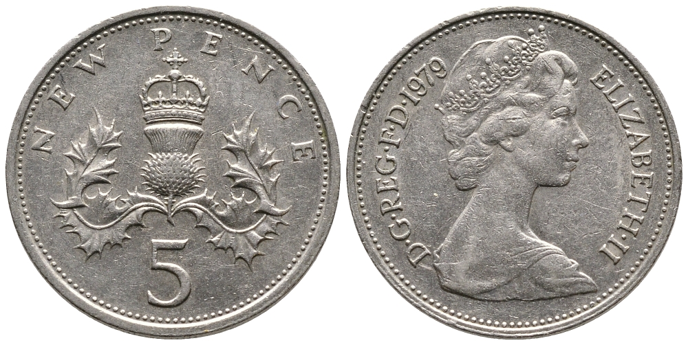 Великобритания 5 пенсов 1979 Елизавета II (1952-2022) KM 911, Spink 4233 (D1) медно-никель 87-1214