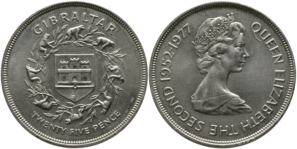 Гибралтар 25 пенсов 1977 25 лет правления Елизаветы II (1952-1977) KM 10 медно-никель UNC 4184-1114