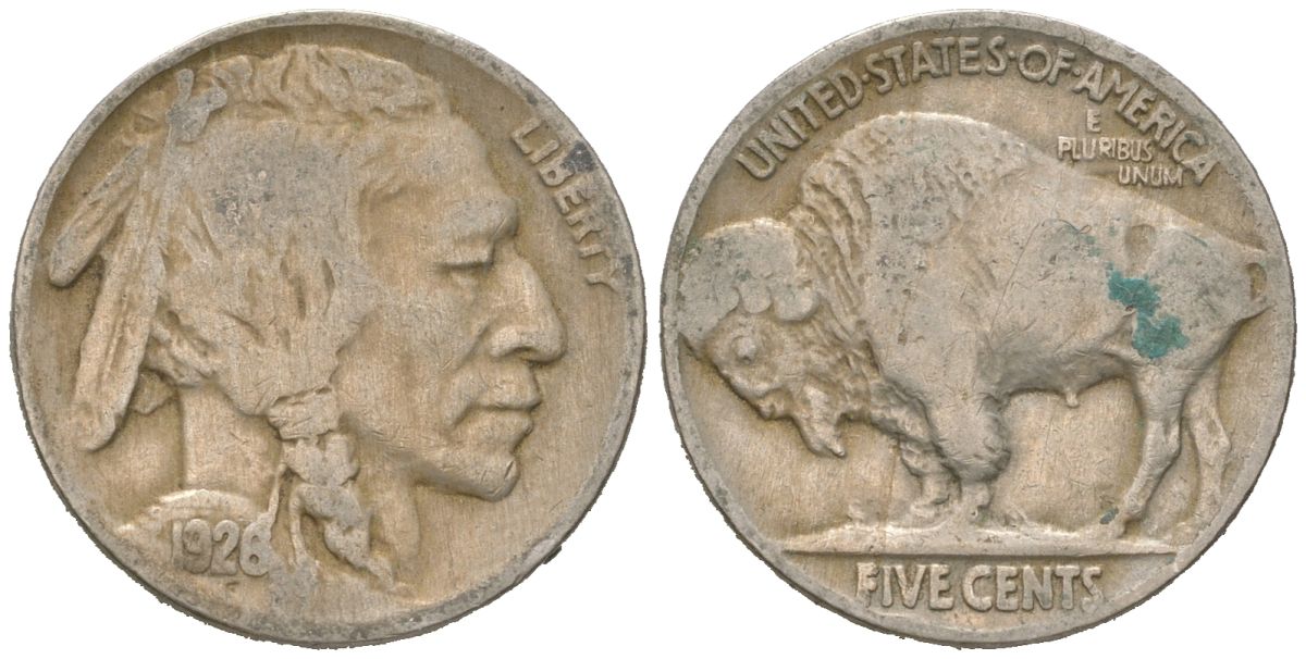 США 5 центов 1926 индеец, бизон KM 134 медно-никель 4614-1067