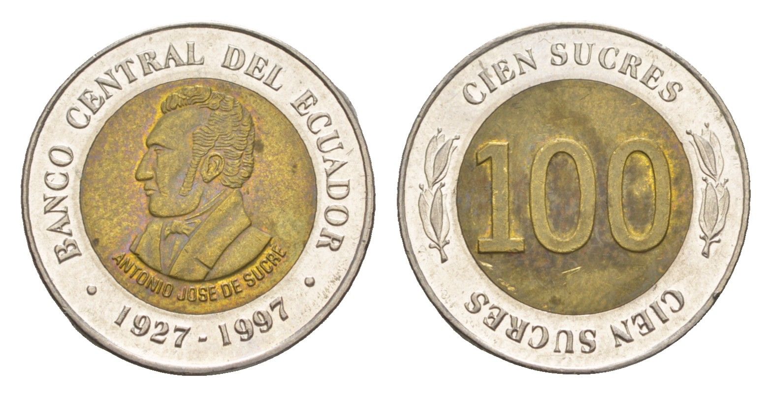 Эквадор 100 сукре 1997 70 лет Центробанку KM 101 биметалл 4649-618