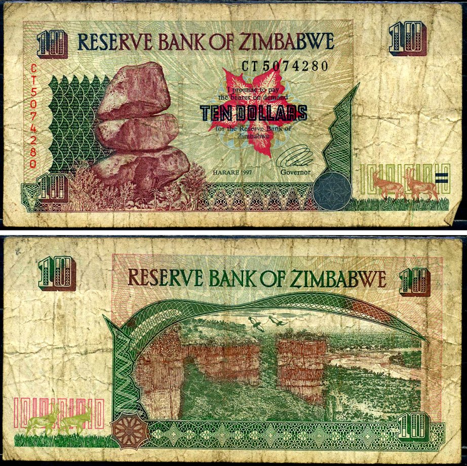 Зимбабве 10 долларов 1997 Гонарежу, национальный парк Pick 6 a бумага 7548-9-1-1