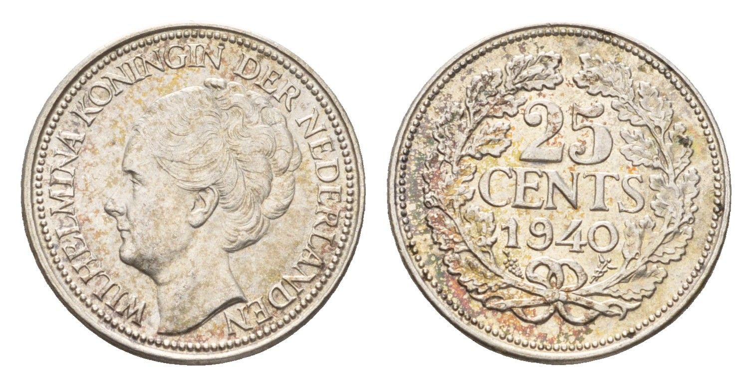 Нидерланды 25 центов 1940 Вильгельмина (1890-1948) KM 164 серебро aUNC 44-1155
