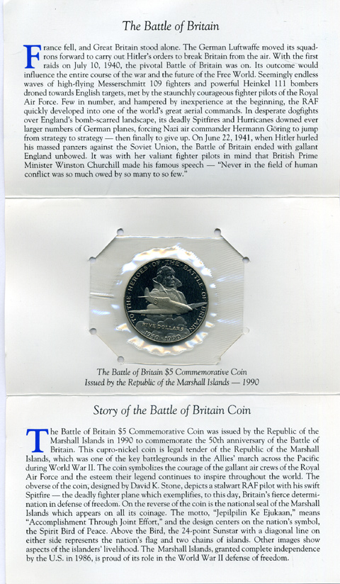 Маршалловы острова 5 долларов 1990 50 лет Битвы за Британию (1940-1990), авиация, в картонном буклете медно-никель UNC 5-4-3-64