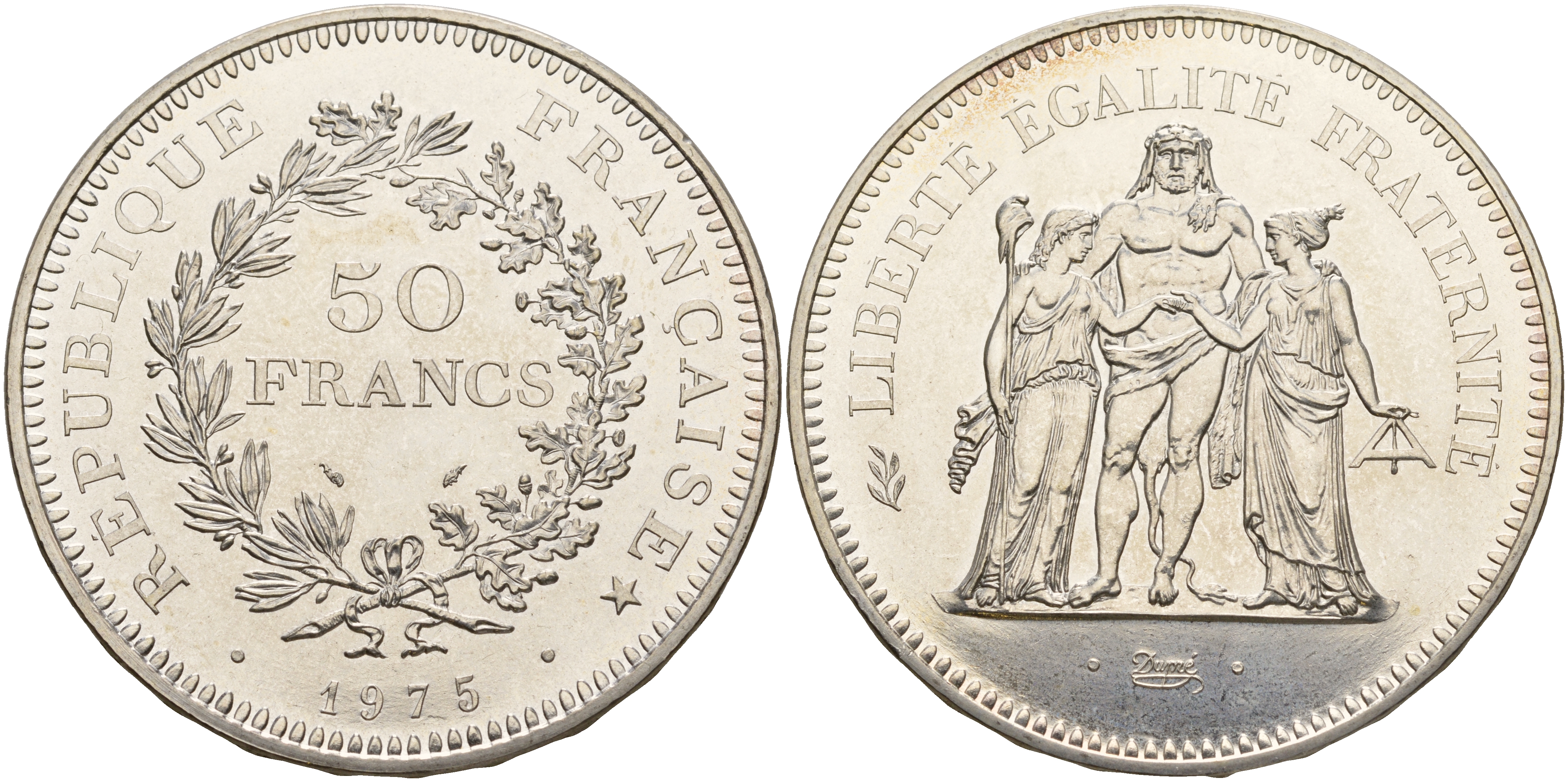 Франция 50 франков 1975 богини Равенства и Братства, Геркулес KM 941.1 серебро UNC 00-000-00