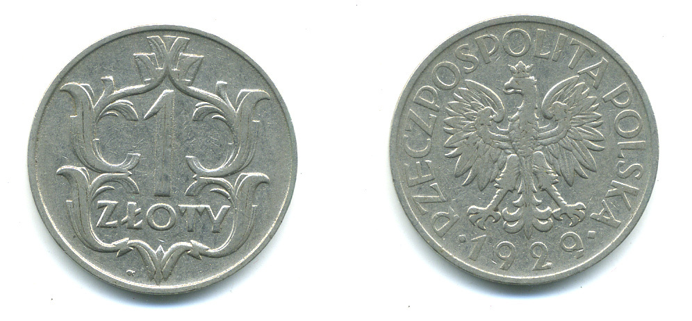 ПОЛЬША 1 ЗЛОТЫЙ 1929 w KM 14 никель 4383-226