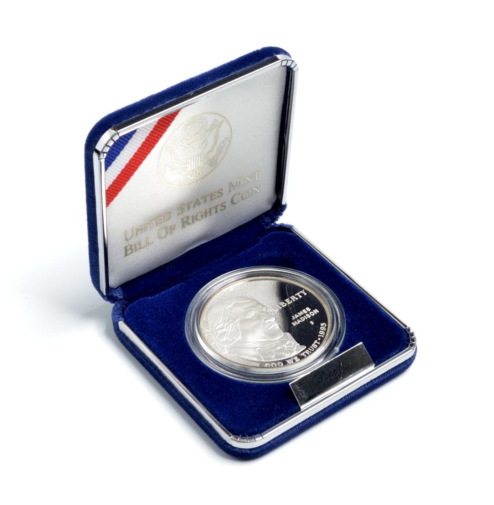США 1 доллар 1993 S, Джеймс Мэдисон, Билль о правах, в оригинальной коробке KM 241 серебро PROOF 00-000-00