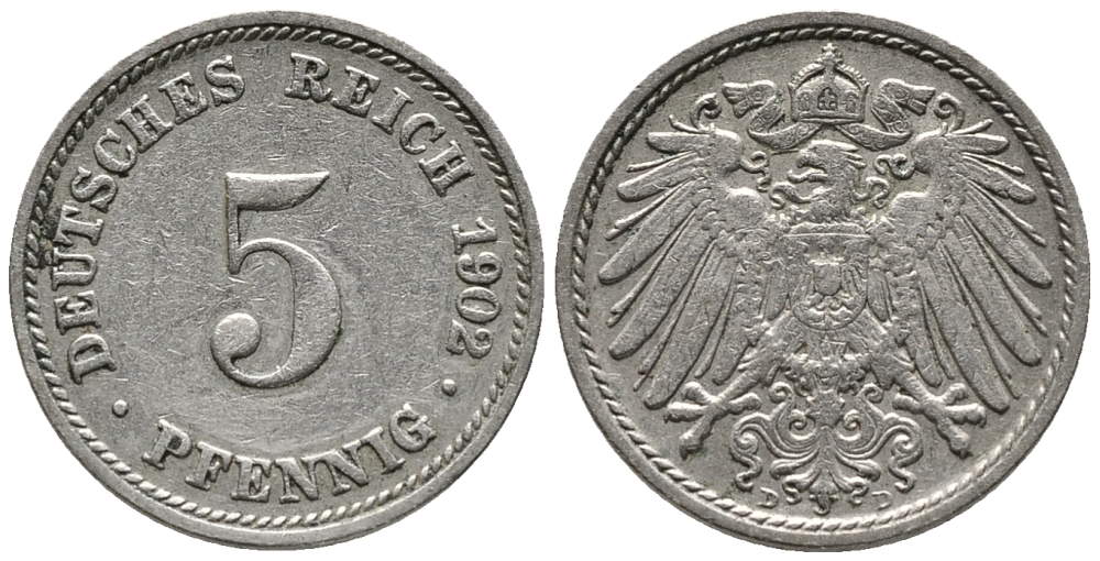 ГЕРМАНИЯ 5 ПФЕННИГОВ 1902 D KM 11, J. 12 медно-никель 39-758