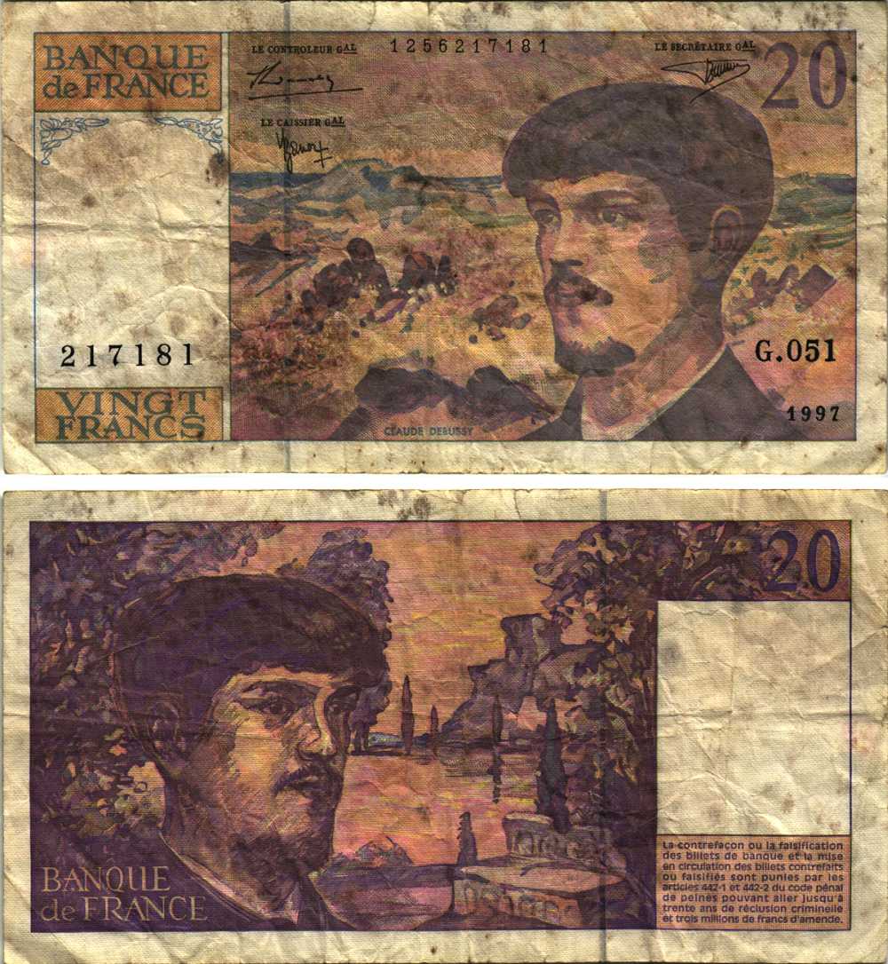 ФРАНЦИЯ 20 ФРАНКОВ 1997 КЛОД ДЕБУССИ Pick 151i бумага 8611-4-1