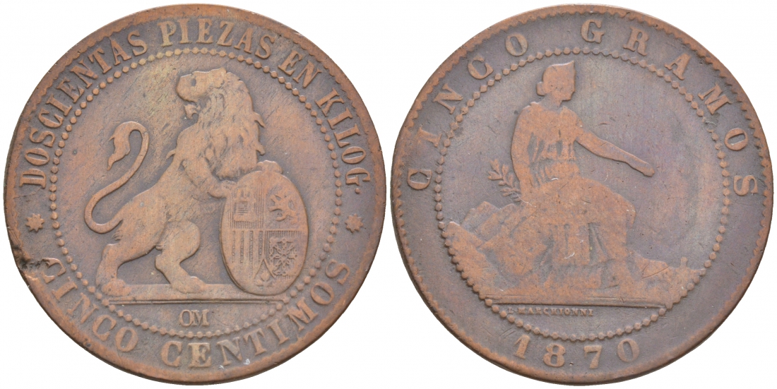 Испания 5 сентимо 1870 ОМ, лев со щитом KM 662 (Y53) медь 3853-1234