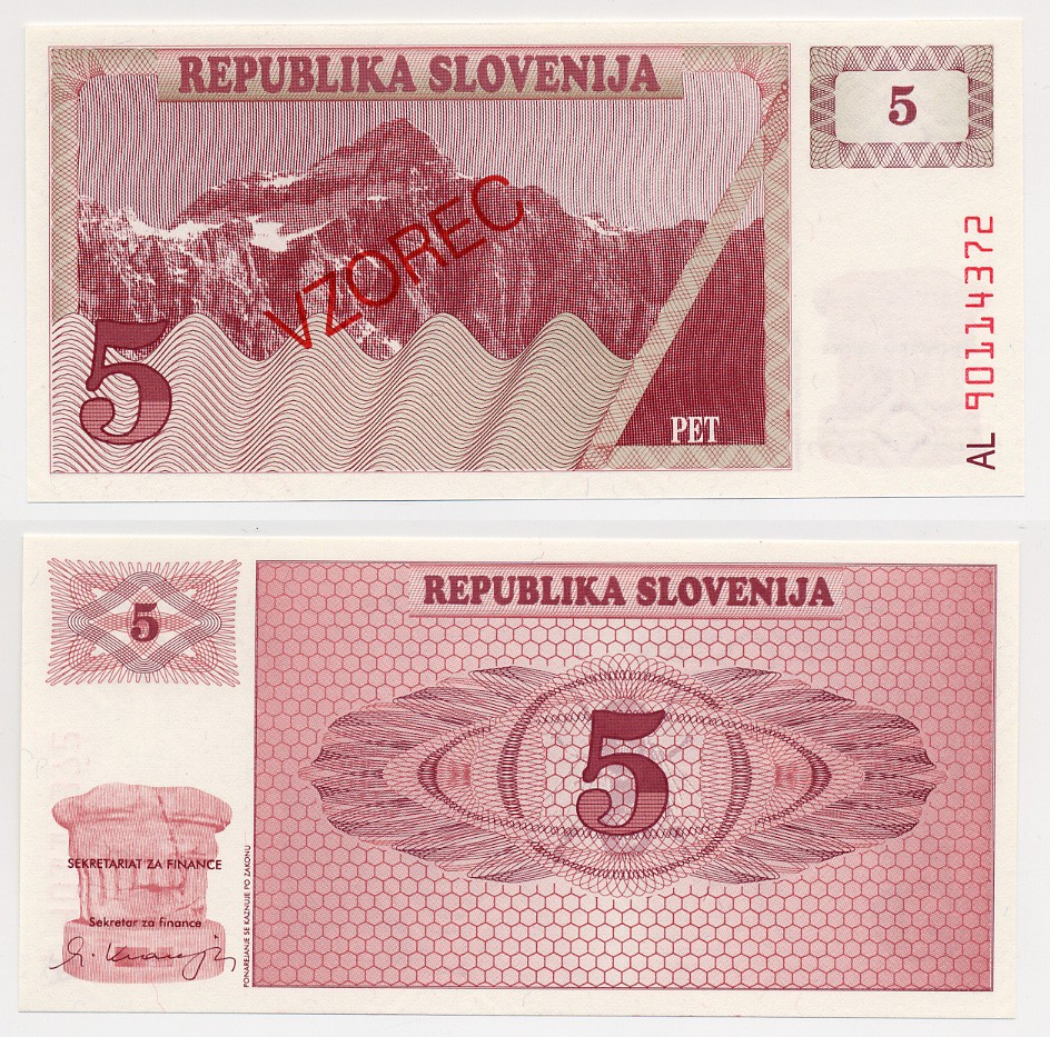 Словения 5 толаров 1990 образец, VZOREC, SPECIMEN Pick 3s1 бумага UNC (пресс) 6280-63-3