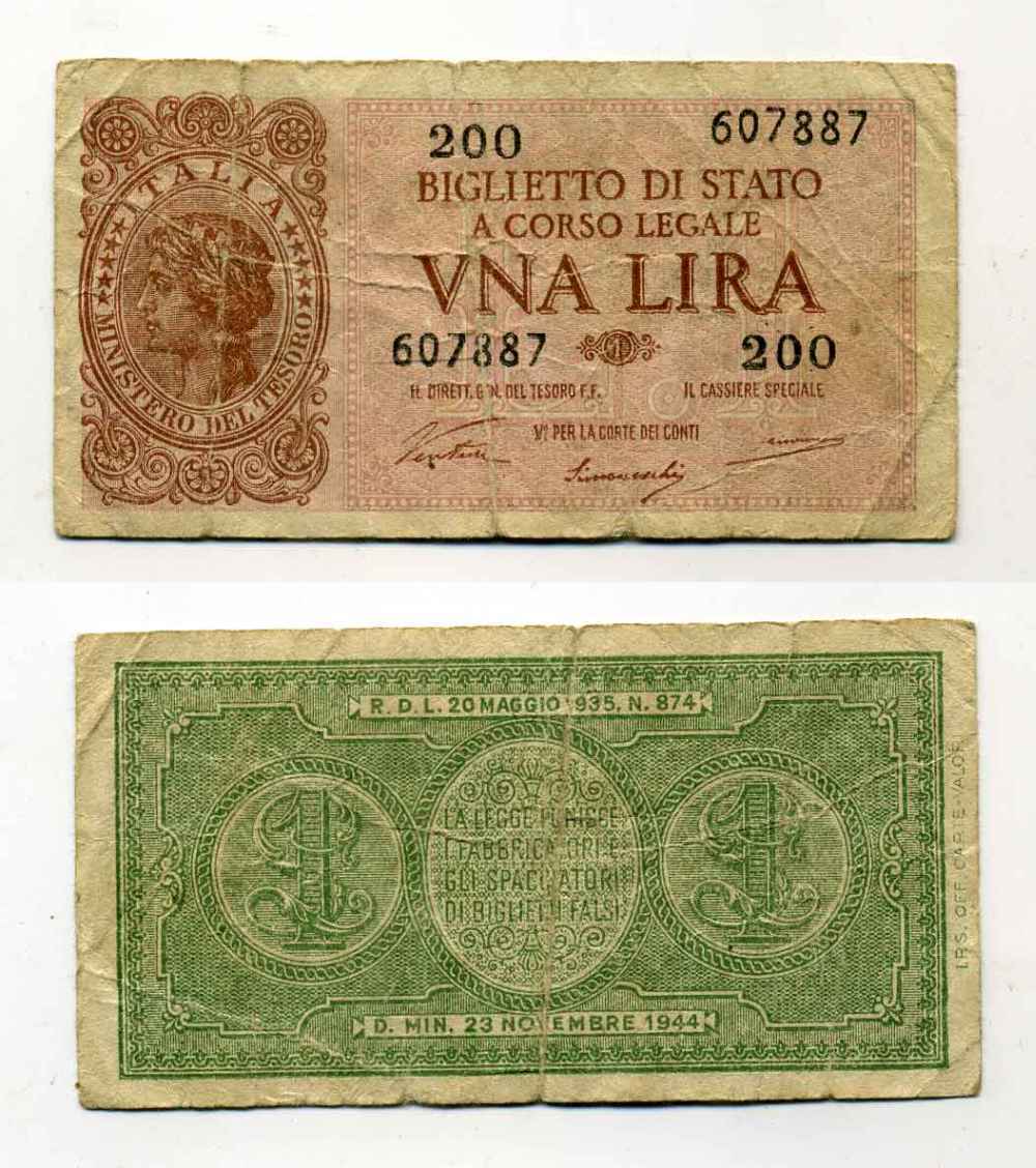 Италия 1 лира 1944 23 ноября 1944, подпись ventura Pick 29a бумага 8588-8-2-1