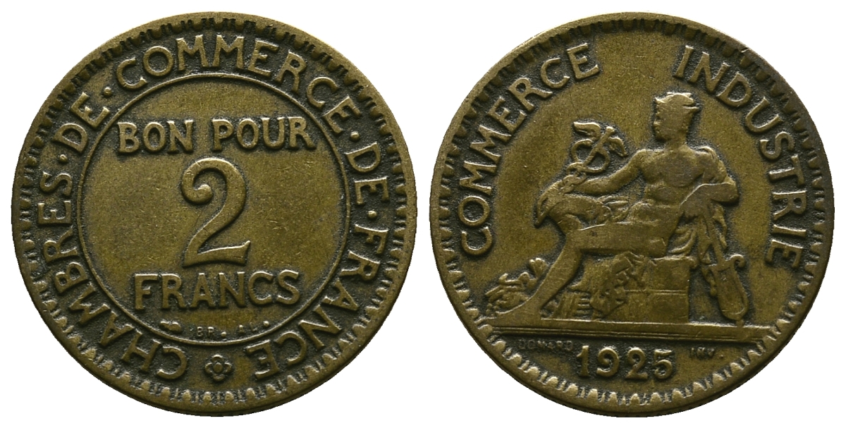 ФРАНЦИЯ 2 ФРАНКА 1925 KM 877 алюминиевая бронза 261-935