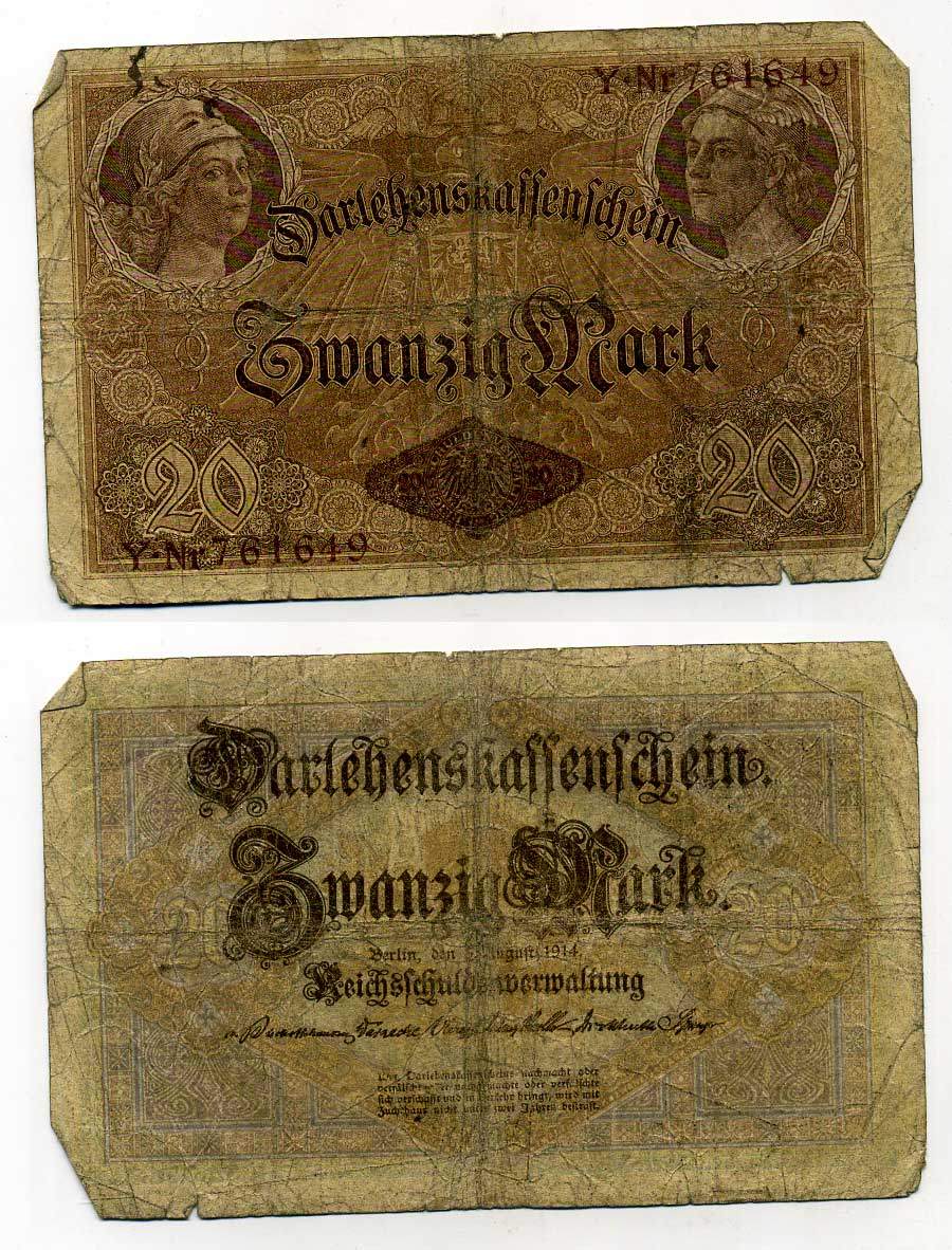 ГЕРМАНИЯ 20 МАРОК 1914 6 значный номер Pick 48 a бумага 6293-11-3