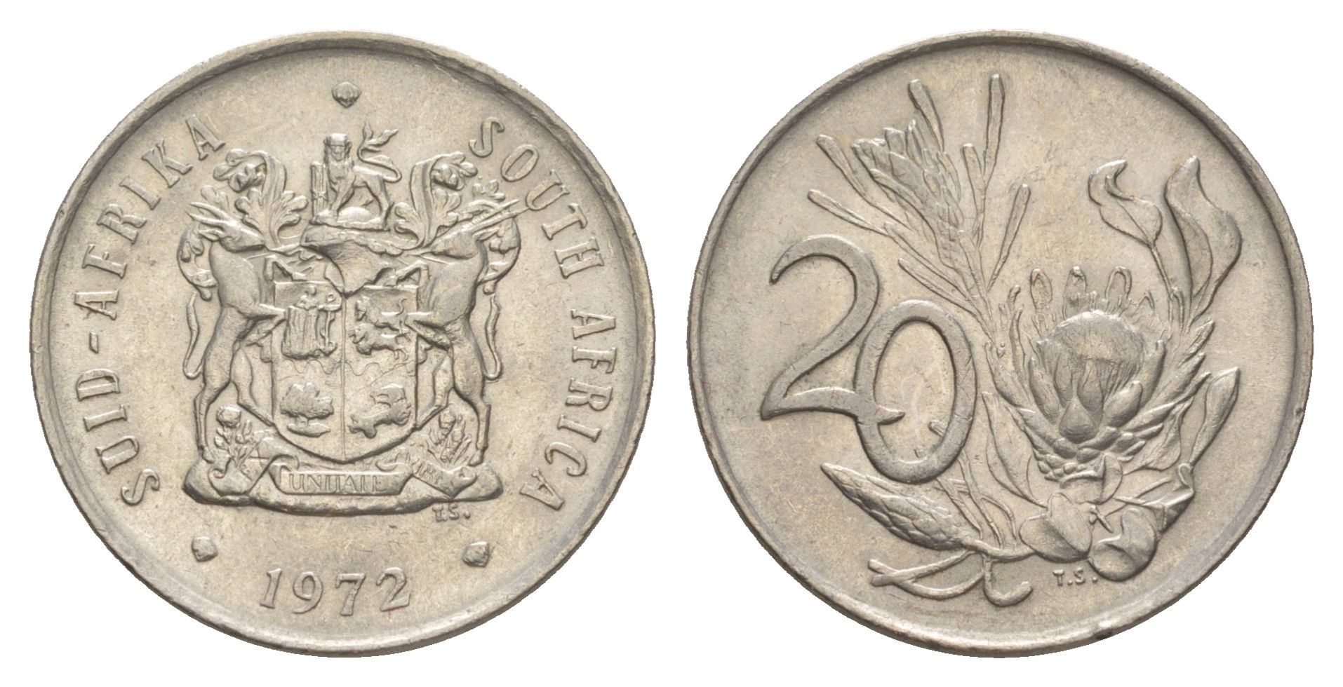 ЮАР 20 центов 1972 герб, цветок протея KM 86 никель 4603-1146