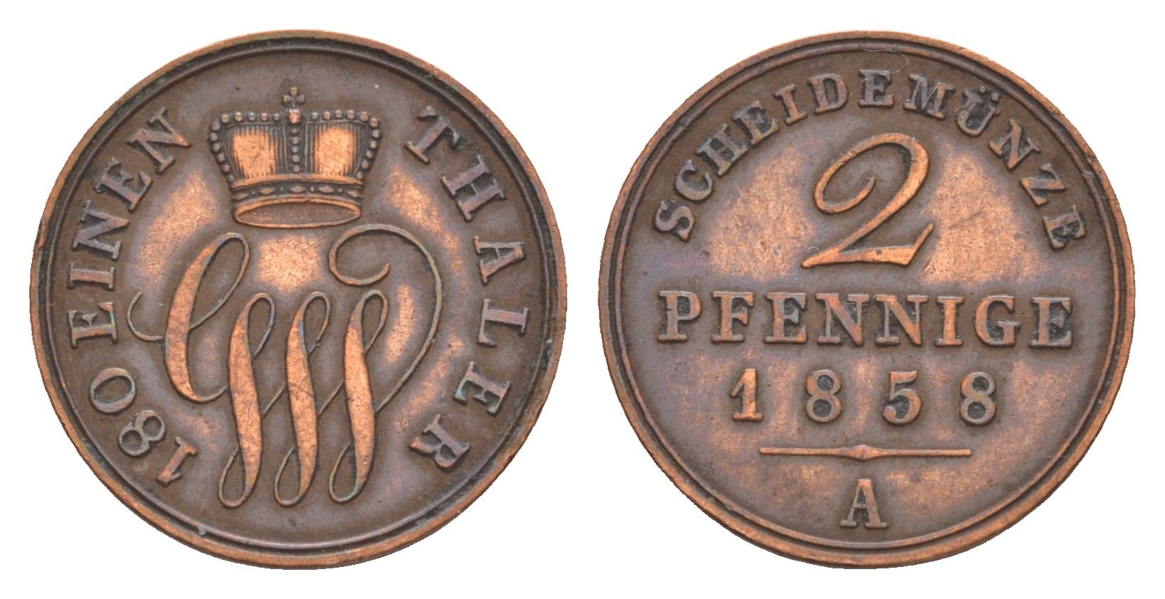Шаумбург-Липпе 2 пфеннига 1858 год-тип, А, Георг Вильгельм (1787-1860) KM 40 медь 413-2414