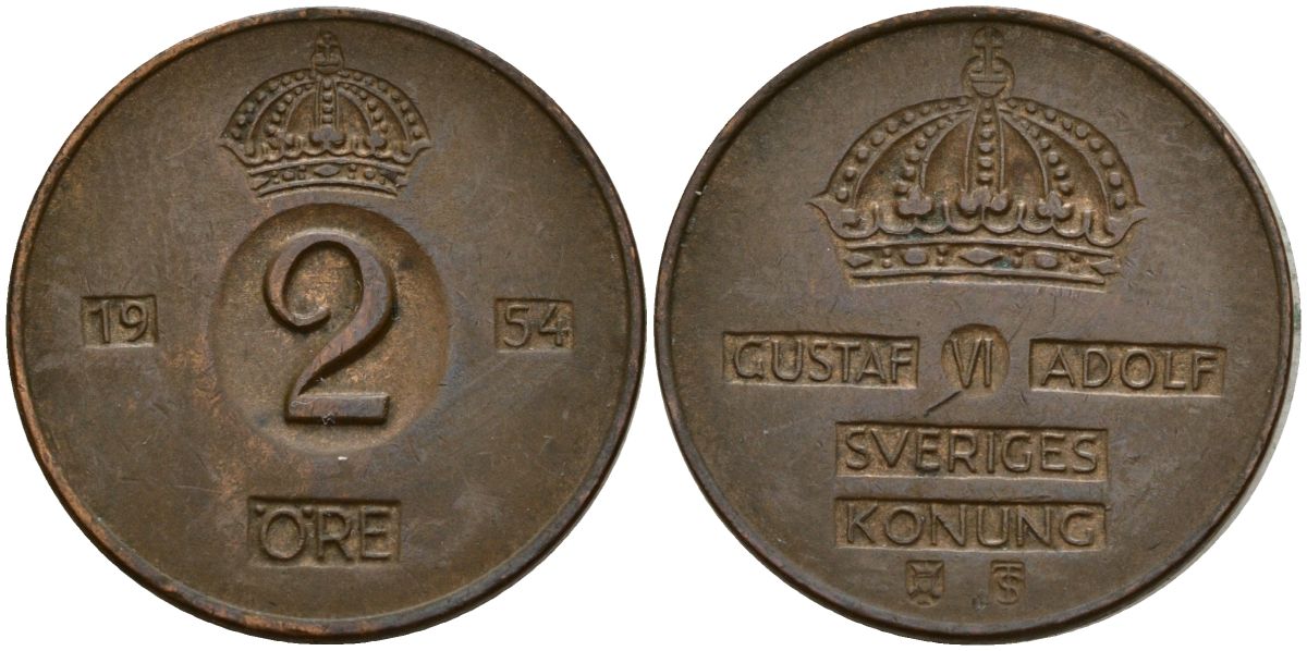 Швеция 2 эре 1954 Густав VI Адольф (1950-1973) KM 821 бронза 4152-442