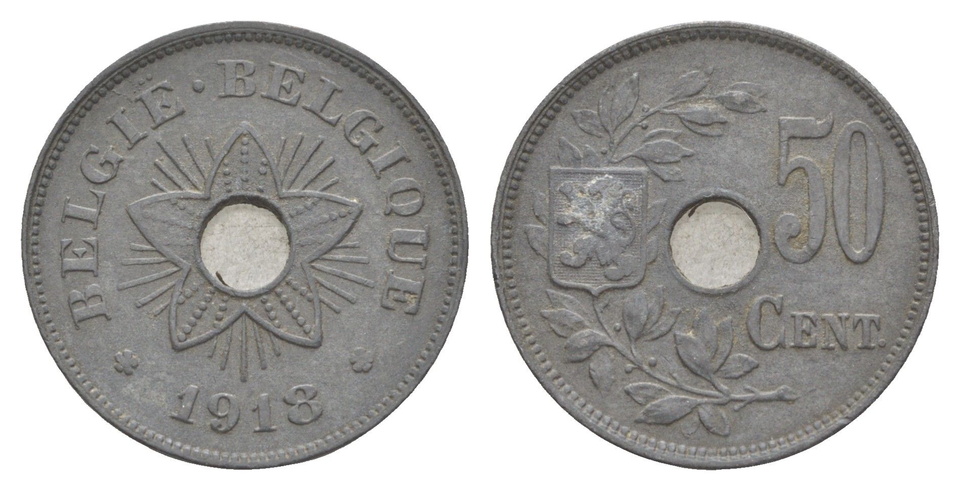 Бельгия 50 сантимов 1918 германская оккупация Первая мировая война, Альберт I (1909-1934) KM 83 цинк 4156-1041