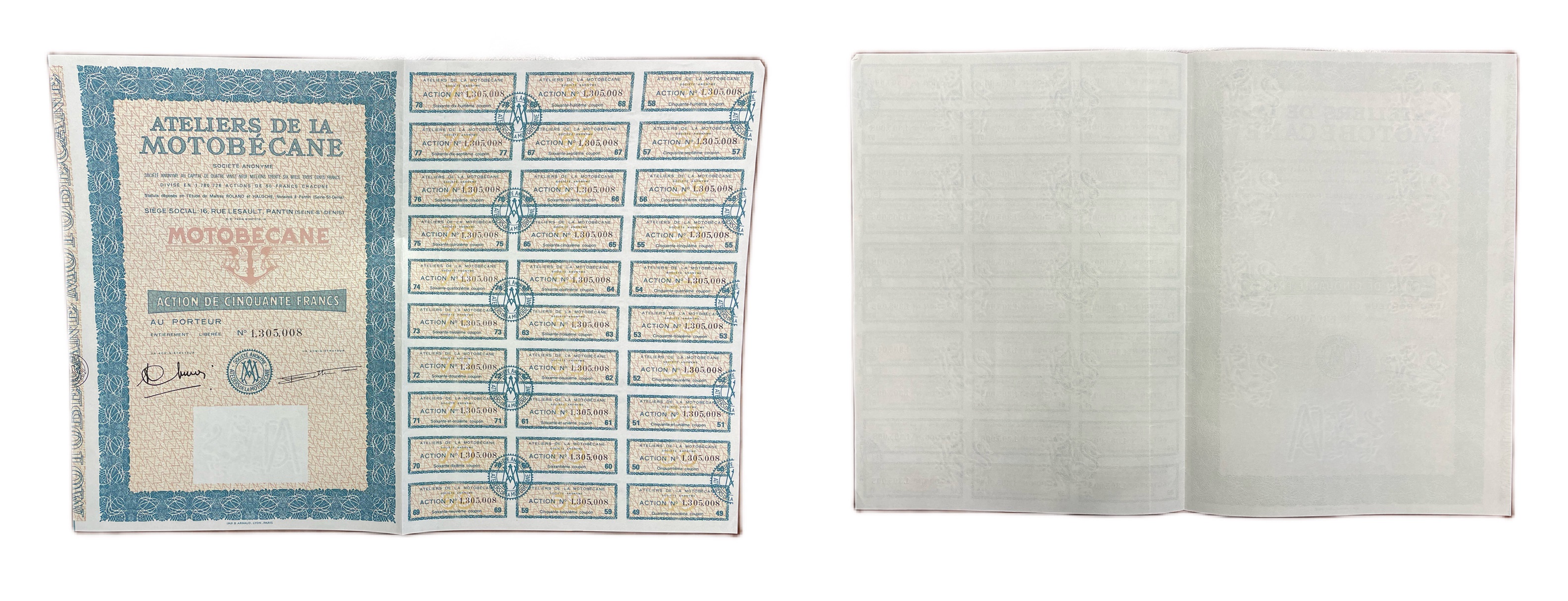 Франция, Ateliers de la Motobecane акция в 50 франков 1965 30 купонов бумага 49-96-1-1