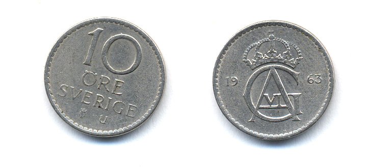 Швеция 10 эре 1963 Густав VI Адольф (1950-1973) KM 835 медно-никель 51-5218