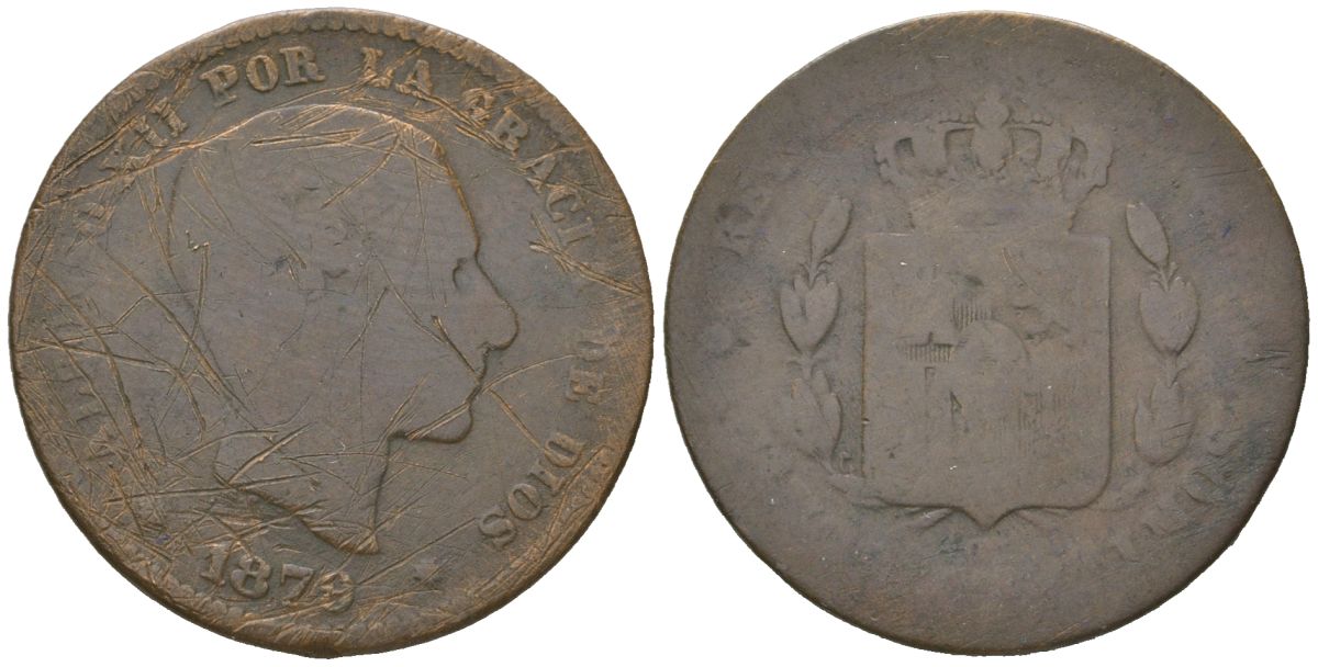 Испания 5 сентимо 1879 OM, Альфонсо XII (1874-1885) KM 674 бронза 4616-821