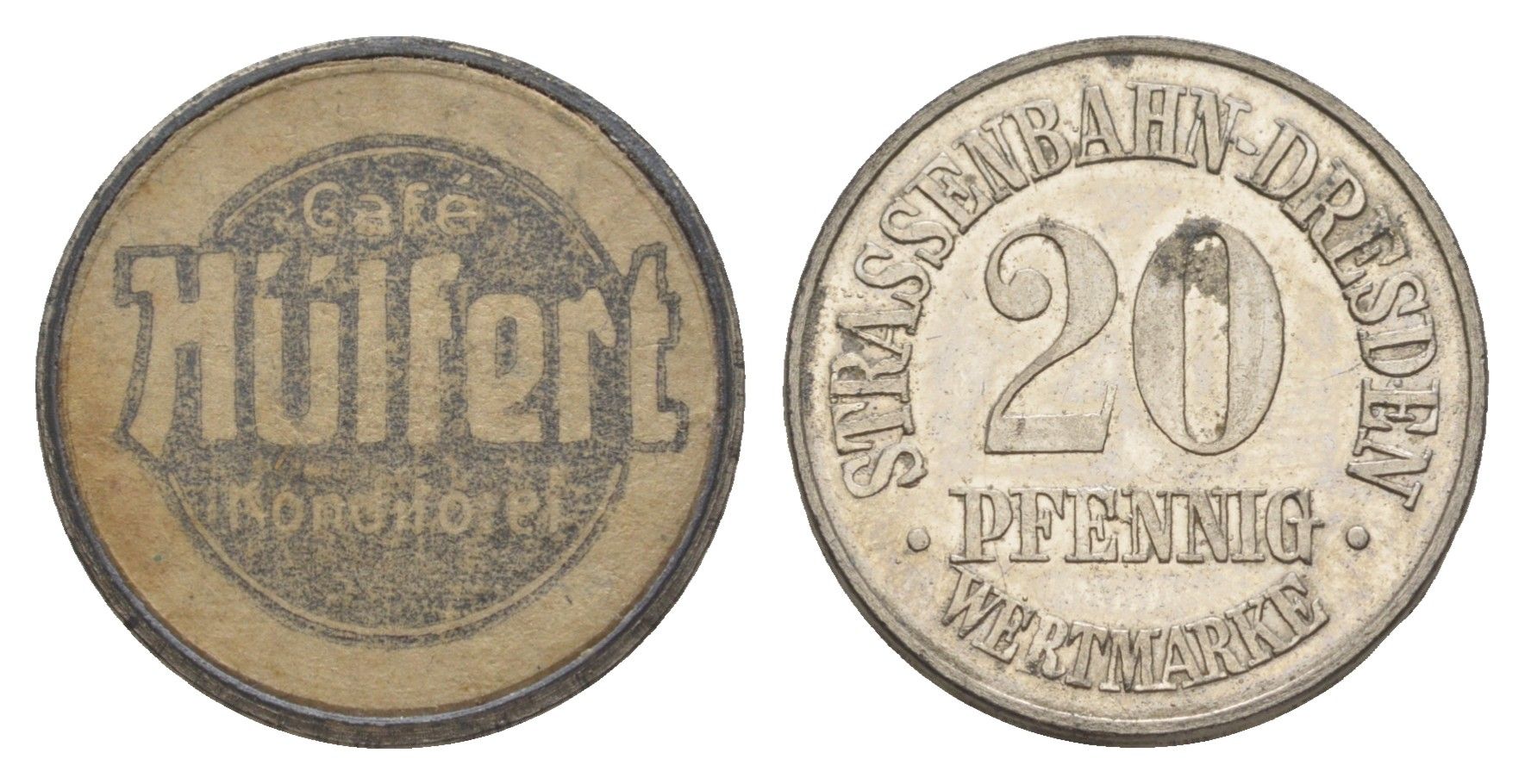 Дрезден трамвайный (транспортный) жетон в 20 пфеннигов ND H?lfert Men05 5719.1, Men18 7136.1 цинк и картон 1527-443
