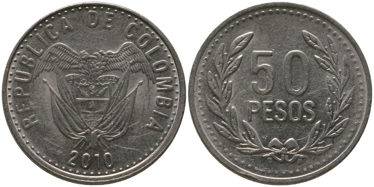 Колумбия 50 песо 2010 KM 283.2a никель латунь 4538-1045