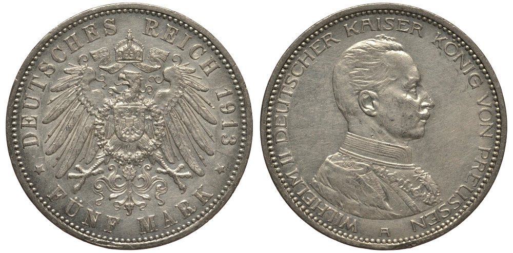 Пруссия 5 марок 1913 Вильгельм II в мундире KM 536, J.114 серебро aUNC 3711-432