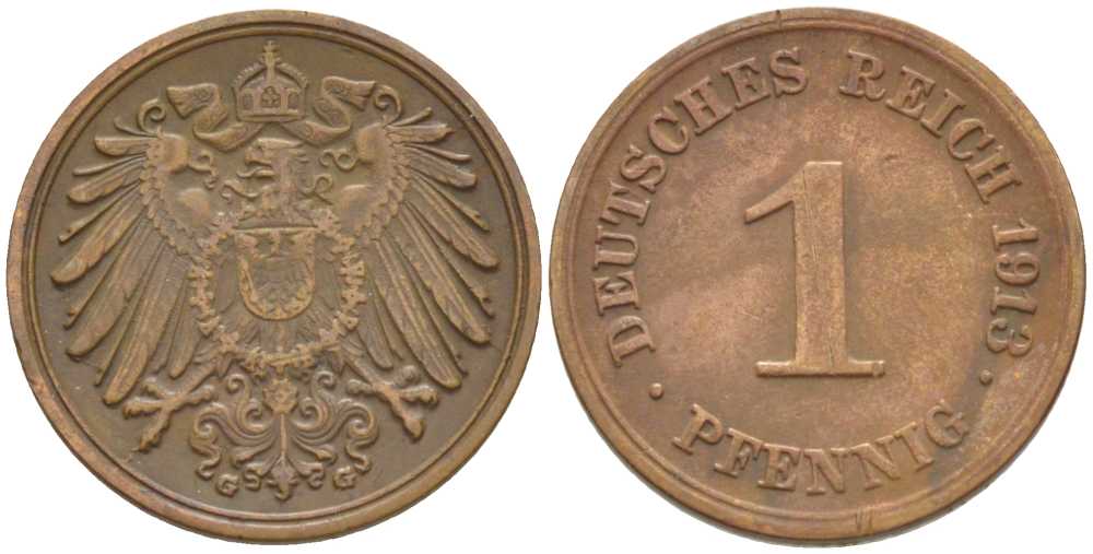 ГЕРМАНИЯ 1 ПФЕННИГ 1913 G KM 10, J. 10, Weege 2 медь 206-429