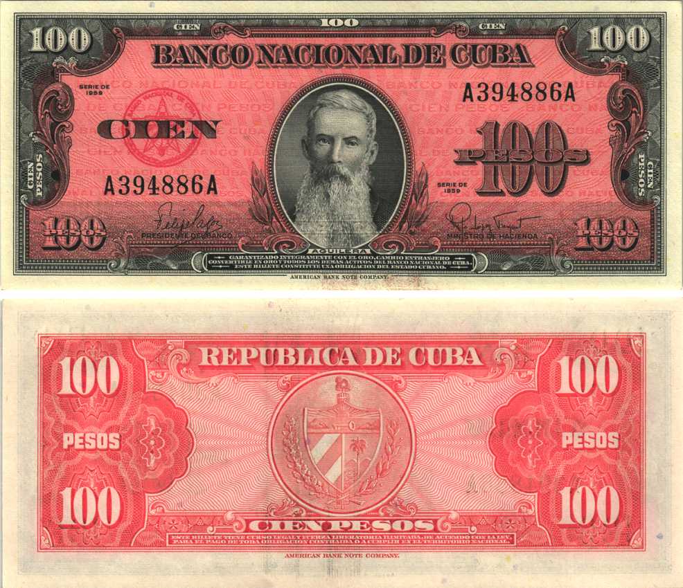 Куба 100 песо 1959 Висенте Агилера, черная серия Pick 93 a бумага UNC (пресс) 7191-36-1-2