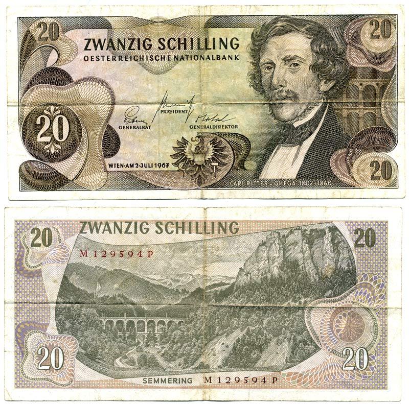 АВСТРИЯ 20 ШИЛЛИНГОВ 1967 (1968) 2 ИЮЛЯ 1967, КАРЛ РИТЕР фон ГЕГА Pick 142а бумага 7523-55-3-1