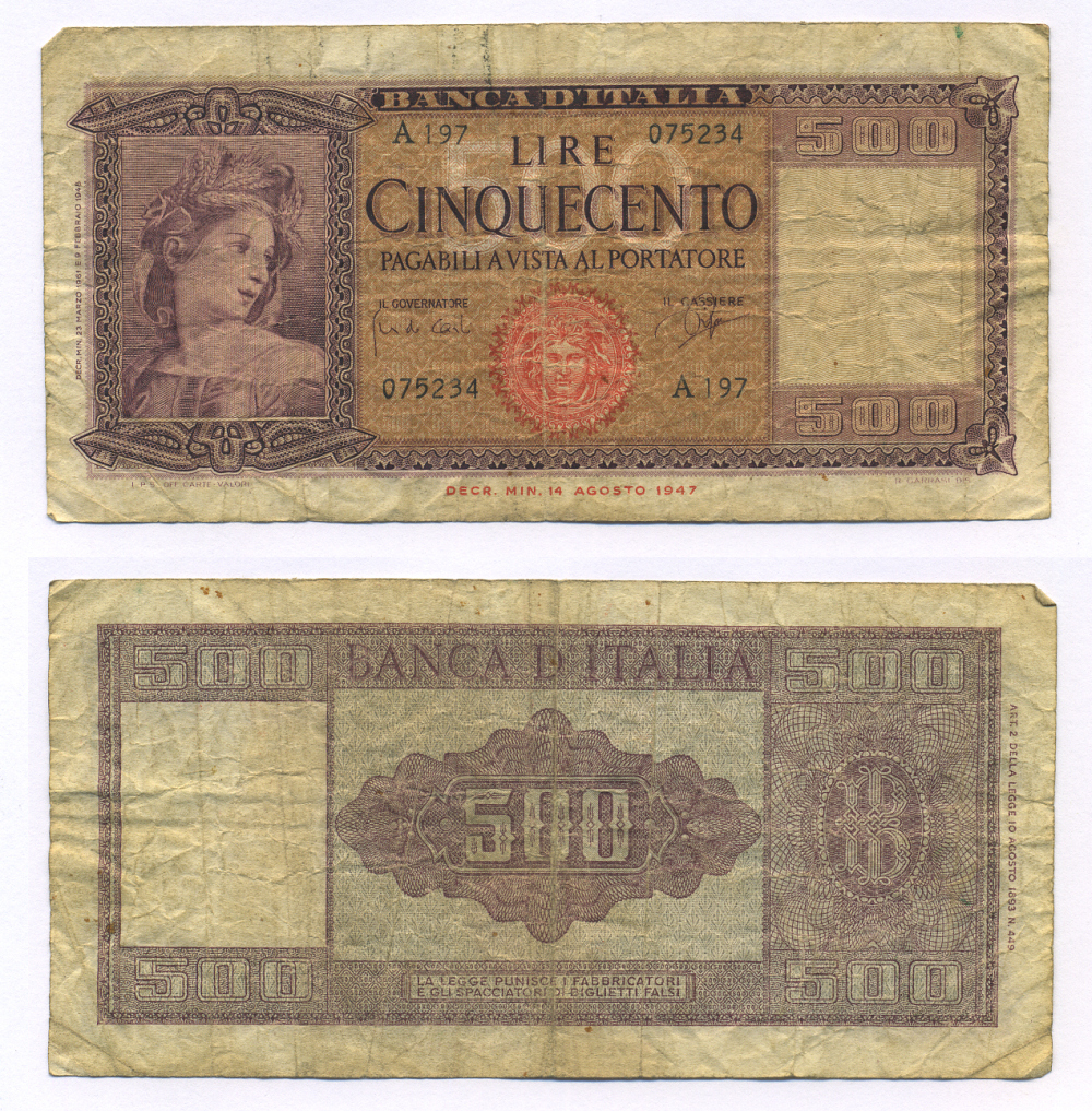 Италия 500 лир 1948 Pick 80а бумага 7146-18-1-1